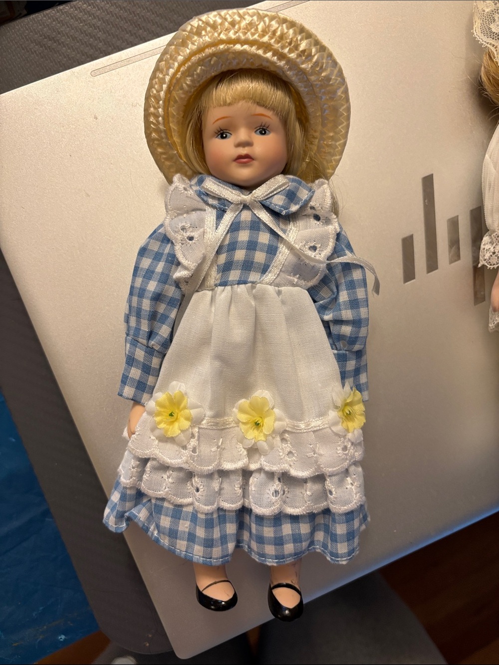 Blue & White Check Porcelain Doll in Sun Hat - Classic Decorative Toy